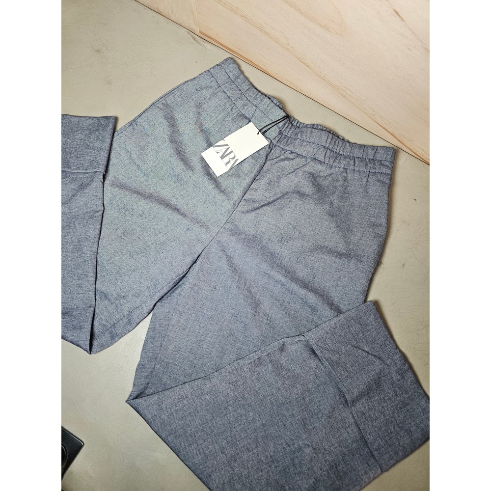 Zara Blue Marled High Waisted Straight Leg Pants Cuffed Hem NWT L 4387/060/405